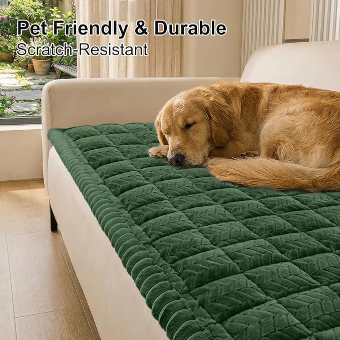Smiry Non Slip Couch Covers for Dogs, Fuzzy Pet Couch Covers for 2-3 Cushion Sofa Pet Friendly, Soft Sofa Slipcovers Cushion Furniture Protector Washable (Dark Green, 27.6" x 59")