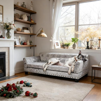 BingoPaw Large Dog Sofa Couch: Luxury Extra Large Pet Couch Made by Deluxe Tufted Velvet - European Court Style Doggy Chaise Daybed with Attached Cushion for Giant Breed Dogs up to 120lbs