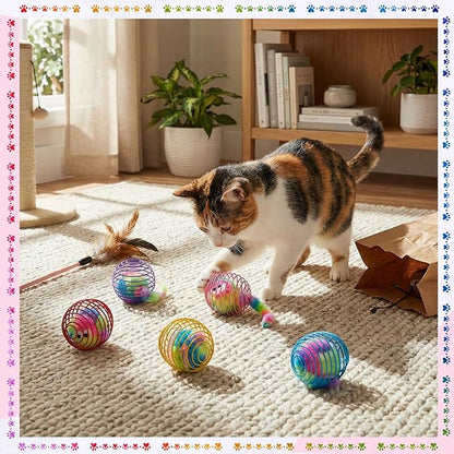 Jecery 5 Pcs Cat Spring Balls Toys Stretchable Rolling Balls Colorful Playful Coils Interactive Action Toy Caged Rats for Kitten Pet Supplies (Monster,Rainbow Color)