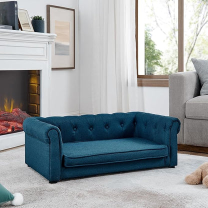 Elevated Dog Sofa with Backrest and Armrests, Button Tufted Pet Bed with Soft Cushion for Medium Dogs, Stylish Lounging Bed Pet Couch Chair for 60Lbs Dog, Blue