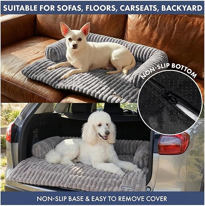 Spark Paws Luxury Dog Couch Cover Bed, Calming Pet Furniture Protector for Large & Small Dogs, Washable Bolster Dog Bed for Couch, Sofa & Bed - Grey, Medium