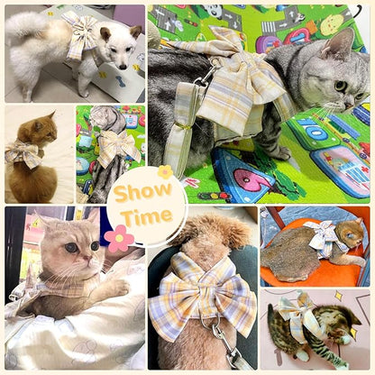 Cute Dog Harness and Leash Set with Bow Tie Soft Mesh Plaid Girl Puppy Harness No Pull Pet Cat Dog Vest Harness for Small Dogs Chihuahua Rabbit Outfit (Yellow,XXL)