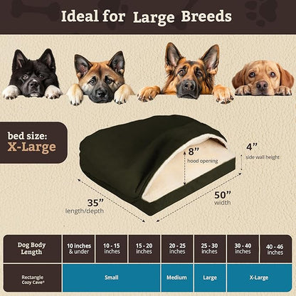 Snoozer Rectangle Cozy Cave Dog Bed - Indoor Dog Bed with Cover Cave, Covered Calming Burrow for Large Sized Pets with Blanket Attached, Enclosed, Washable Cover - XL, Olive