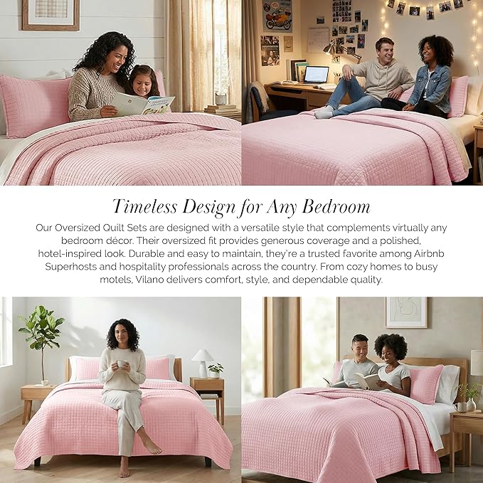 Southshore Fine Living, Inc. Stitched Twin XL Comforter Quilt Bedding Set, Dorm Room Bedding, Stain Resistant, Machine Washable Bedspread, XL/Twin Pink Quilt Bed Spread w/Pillow Sham, Pastel Pink