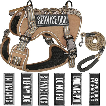 Service Dog Tactical Vest Harness and Leash Set Medium Sized Dog Emotional Support- Tactical Dog Harness Training Collar with Name (Khaki, L)
