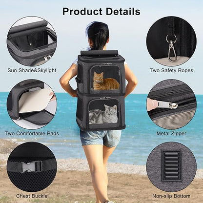 2-in-1 Double Pet Carrier Backpack for Small Cats and Dogs, Portable Pet Travel Carrier, Super Ventilated Design, Ideal for Traveling/Hiking/Camping, Black