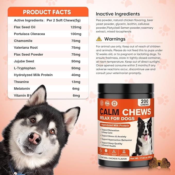 Calming Chews for Dogs-Dog Calming Chews Anxiety Relief Bites with Melatonin HMP for Dog Relaxing Aid-Car Anxiety Fireworks and Thunder Stress Relief Treats Supplements for Puppies All Dogs