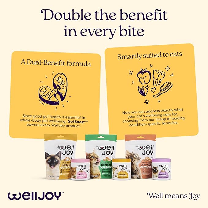 New! WellJoy Cat Supplement Immune+ GutBoost | Cat Health Supplement | with Lysine | Enhances Immune Response | Dual-Benefit Formula | Vet Formulated | Made in USA | Chicken Flavor | 90 Soft Chews