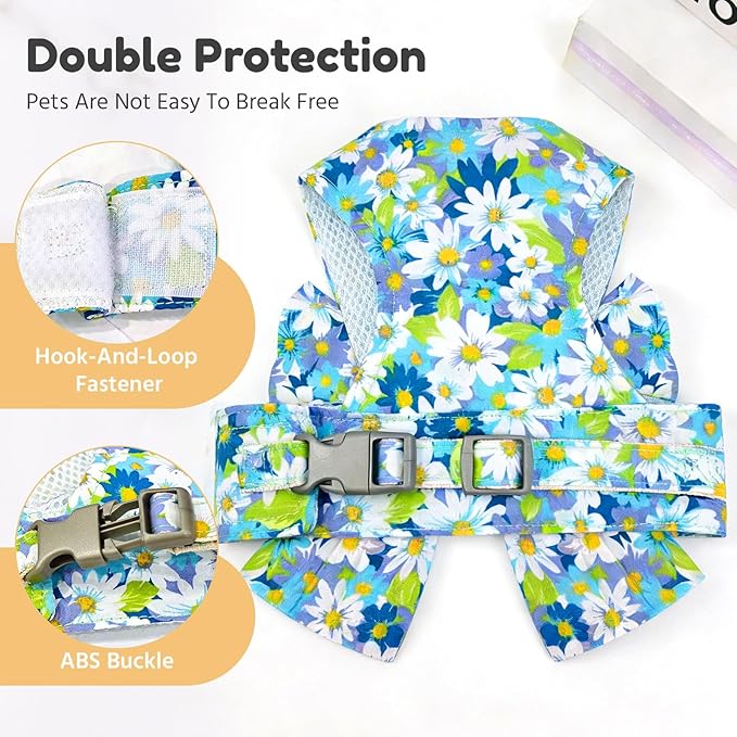 BAEJMJK Dog Harness and Leash Set with Bow Knot No Pull Pet Daisy Floral Harness with D-Ring Soft Mesh Dog Harness Vest Set Escape Proof Princess Puppy Harness for Small Girl Dogs Cats（Blue A XS）