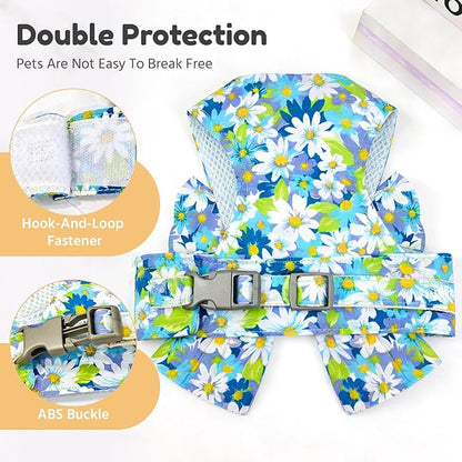 BAEJMJK Dog Harness and Leash Set with Bow Knot No Pull Pet Daisy Floral Harness with D-Ring Soft Mesh Dog Harness Vest Set Escape Proof Princess Puppy Harness for Small Girl Dogs Cats（Blue A M）