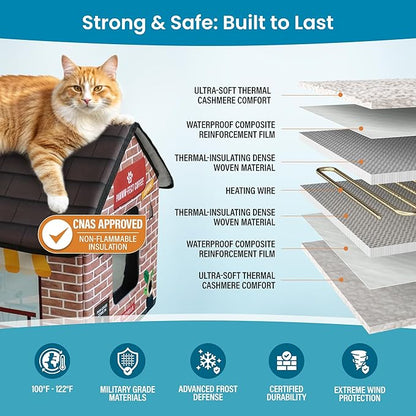 Deluxe Heated Cat House for Winter - Weatherproof, Insulated, Easy Assembly, Cat Heating Pad, Dual Escape Doors, Outdoor & Indoor Cat House - Coffee Pethouse