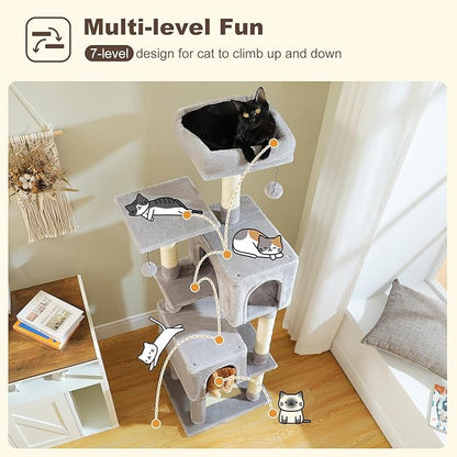 MUTTROS 62-Inch Cat Tree for Indoor Cats, Large Cat Tower with Scratching Posts for Large Cats, 2 Bigger Plush Condos, Padded Platform, Soft Cat Bed and Scratching Pad, 2 Pompoms, Gray