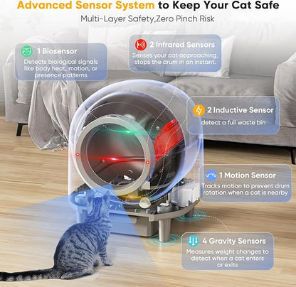 Self Cleaing Litter Box for Multiple Cats, 88L Large Smart Automatic Cat Litter Box with App Control, Health Monitoring, Integrated Safety Sensors, Odor Removal, Mat, Liners (White)