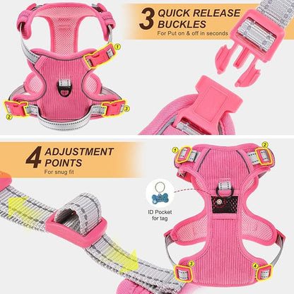 BEAUTYZOO No Pull Dog Harness Large, Adjustable Dog Harness and Leash Set -Easy Wearing with 3 Buckles/Control Handle,No Choke Soft Padded Reflective Pet Vest for Training Walking Hiking,Rose S
