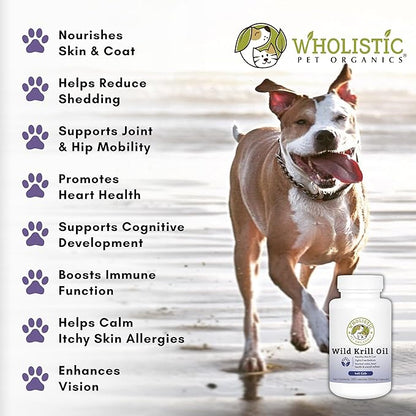 Wholistic Pet Organics Krill Oil for Dogs and Cats - Premium Antioxidant Support for Pets - Cat and Dog Skin and Coat Supplement with EPA, DHA, Astaxanthin - Omega 3 for Dogs and Cats - 200 Soft Gels