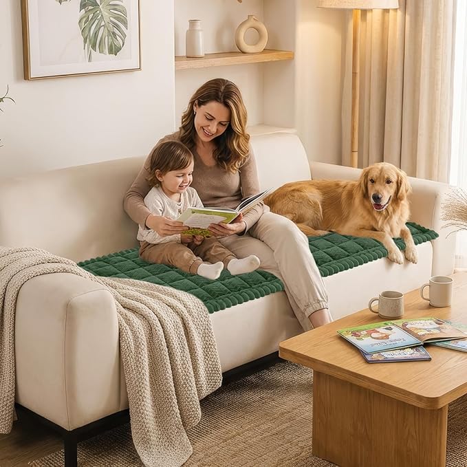 Smiry Non Slip Couch Covers for Dogs, Fuzzy Pet Couch Covers for 3 Cushion Sofa Pet Friendly, Soft Sofa Slipcovers Cushion Furniture Protector Washable (Dark Green, 27.6" x 70.9")