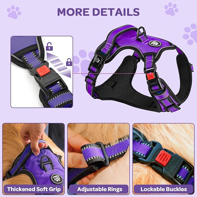 FURRYFECTION Plaid Dog Harness for Large Dogs, Reflective No Pull Adjustable Pet Vest with Front Clip, Leash, Easy Control Handle and Seat Belt, Purple, XL