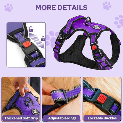 FURRYFECTION Plaid Dog Harness for Large Dogs, Reflective No Pull Adjustable Pet Vest with Front Clip, Leash, Easy Control Handle and Seat Belt, Purple, XL
