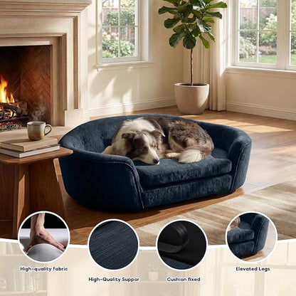 Dog Couch Bed with Oval Semi-Enclosed, Durable Linen Material Pet Sofa with Soft Foam Cushion, Dog Sofa Bed with Legs for Medium Dogs, Dark Blue