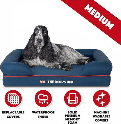 The Dog’s Bed Orthopedic Memory Foam Dog Bed with Bolsters for Medium Dogs, High Density Support Mattress, Low Front Entry, Removable Washable Cover, Oxford Fabric, Blue with Dark Red Trim, Medium