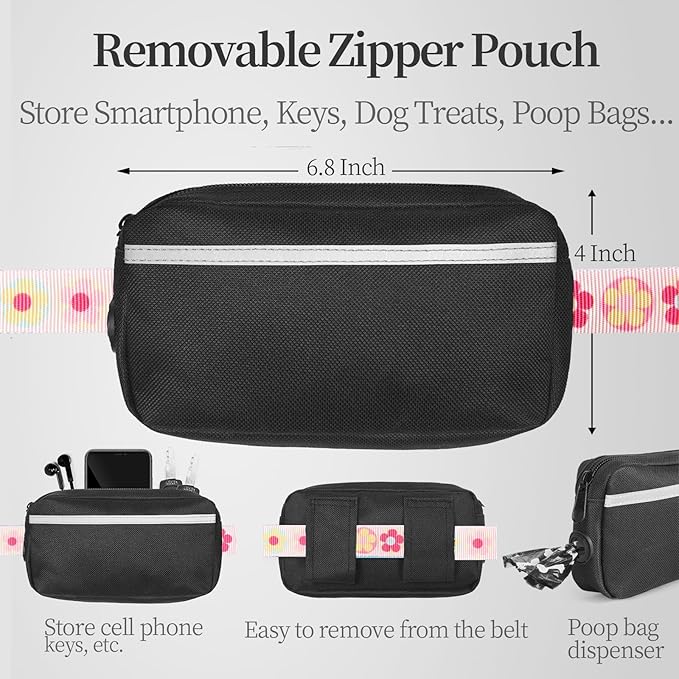 iYoShop Hands Free Dog Leash with Zipper Pouch, Dual Padded Handles and Durable Bungee for Walking, Jogging and Running Your Dog (Colorful Small Flower, Large)