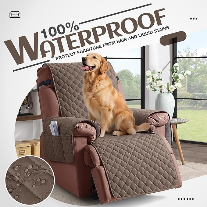 KinCam 100% Waterproof Recliner Chair Cover, Reclining Couch Covers for Pets, Dogs, Recliner Couch Slipcover Furniture Protector with Elastic Straps for Kids(28", Brown)