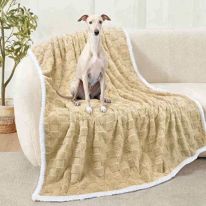 Luciphia Waterproof Dog Blanket, Leakproof Large Pet Blanket for Couch Sofa Bed Furniture Cover Protector, Washable Soft Sherpa Fleece with 3D Jacquard, Cozy Calming Reversible, Beige White, 65"x57"