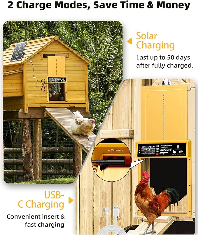 Automatic Chicken Coop Door Solar Powered, Pet Deluxe Chicken Door with Programmable Timer & Light Sensor, Anti-Pinch Safety, 7W Solar Panel, Aluminum Alloy with 10 Wire Clips Solar Chicken Door-Gold