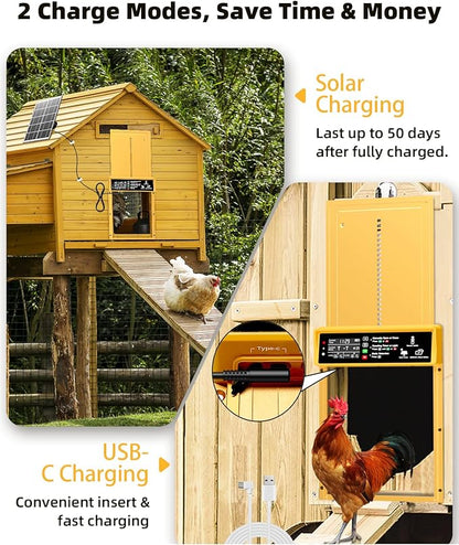 Automatic Chicken Coop Door Solar Powered, Pet Deluxe Chicken Door with Programmable Timer & Light Sensor, Anti-Pinch Safety, 7W Solar Panel, Aluminum Alloy with 10 Wire Clips Solar Chicken Door-Gold