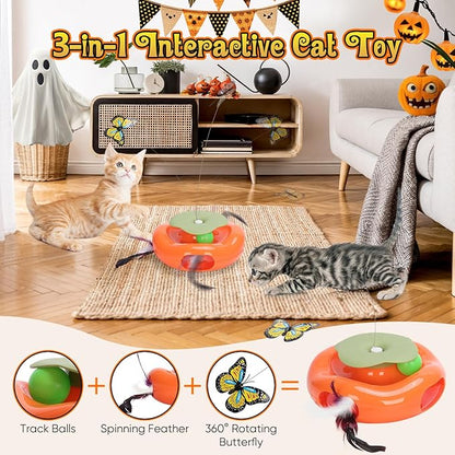 Pawingcat Interactive Cat Toy 3in1 Halloween Cat Toys Pumpkin Whack a Mole Cat Toy with Rotating Butterfly Cat Enrichment Battery Operated
