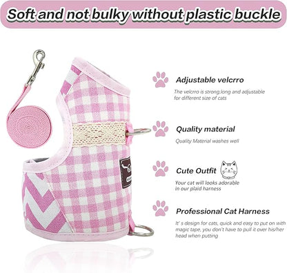 Cat Harness and Leash for Walking Escape Proof, Adjustable Cat Vest Harness, Padded Stylish Cat Walking Jackets, Pink Plaid, Extra Large