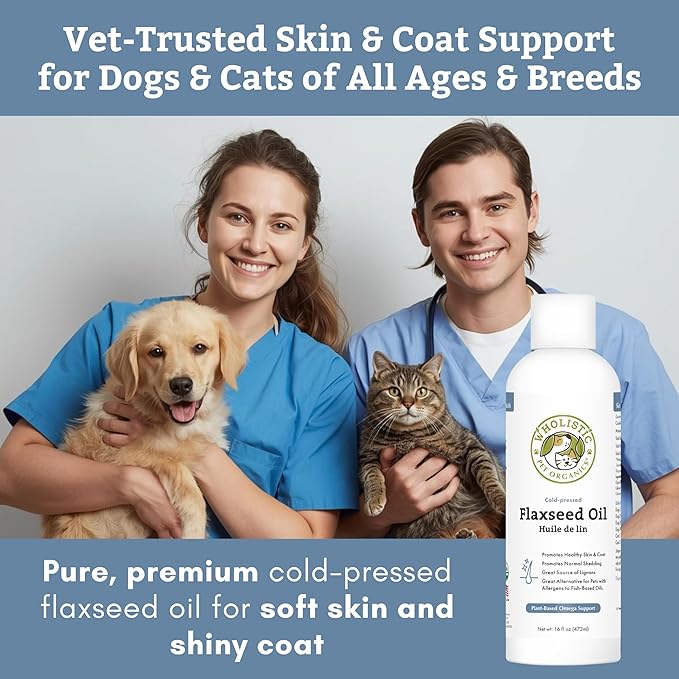 Wholistic Pet Organics Flaxseed Oil for Dogs and Cats - 16 Oz - Omega 3 for Dogs and Cats - Cat & Dog Skin and Coat Supplement for Itchy Skin, Shedding - Omega 3 6 9 Liquid Food Topper - 90 Day Supply