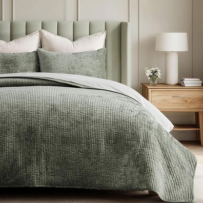 EverGrace Velvet Quilt Set Queen Size, Luxurious Soft Quilted Bedding Sets, Lightweight Velvet Comforter for All Season, Striped Channel Bedspread Coverlet with 2 Shams, Dried Thyme Green