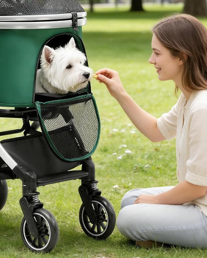 GTPLAYER Pet Stroller with Matching Stroller Mat Set, for Small Dogs and Cats Up to 45 lb, Detachable Carrier, One-Hand Fold, Stroller: Green, Mat: Beige
