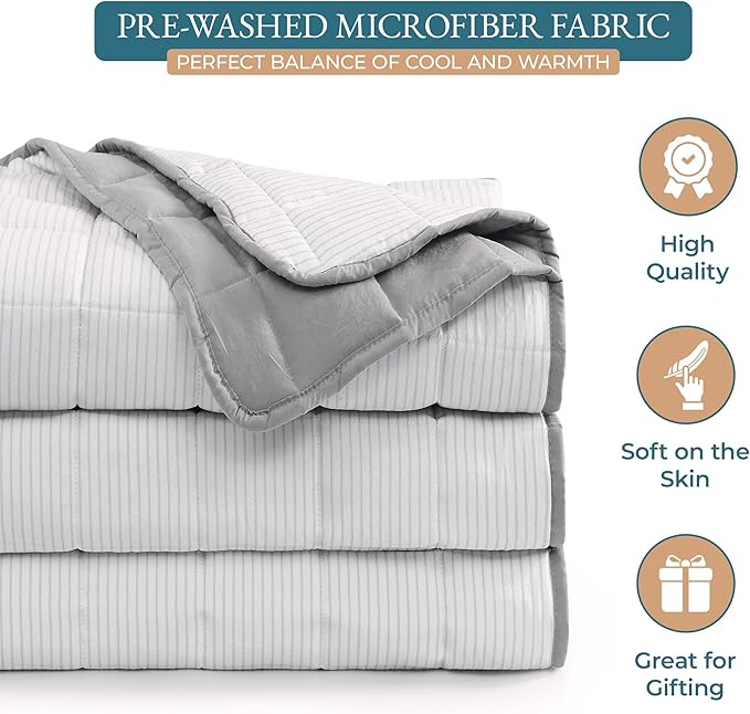 Casa Platino Quilted Blanket Twin XL – Pre-Washed Lightweight Down Alternative Bedding, Reversible Microfiber - All Season Use – Ticking Stripe Silver