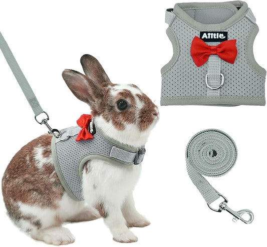 AIITLE Rabbit Harness and Leash Set with Cute Bow, Soft Breathable Mesh Vest Harness for Rabbits Kitten Ferret Puppy Small Pets Walking Supplies Grey L