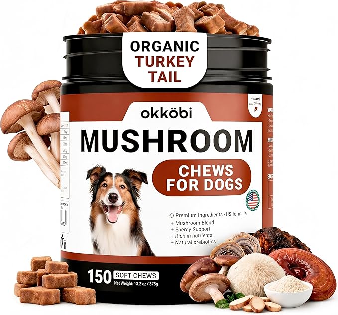Premium Mushroom Chews for Dogs - 5-in-1 Turkey Tail, Lion’s Mane, Chaga, Reishi & Shiitake - Immune Support & Cognitive Health Mushroom Supplement for Dogs - for Heart, Liver & Brain Function
