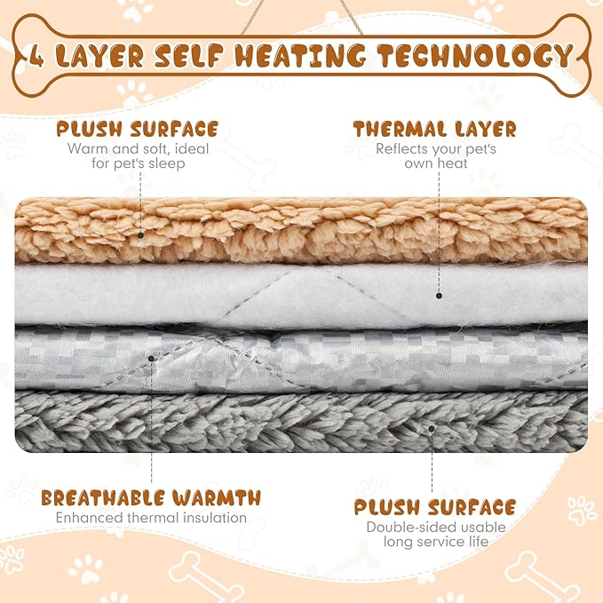 Novabright 3 Pack Self Warming Dog Bed for Large Dog 27x35 Inch Mat Self Heating Cat Reflects Body Heat Extra Warm Thermal Pet Pad Washable Cat Bed for Outdoor Indoor Large Kittens Puppy(Grey/Camel)
