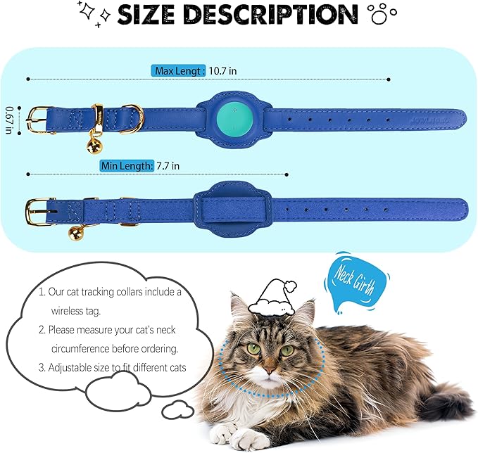 Cat Tracker, GPS Pet Tracker for Cats (Only iOS), Leather Cat Collar with Tracker, Works with Any Collar, No Monthly Fee, Compatible with Apple Find My App not for Android (Blue)