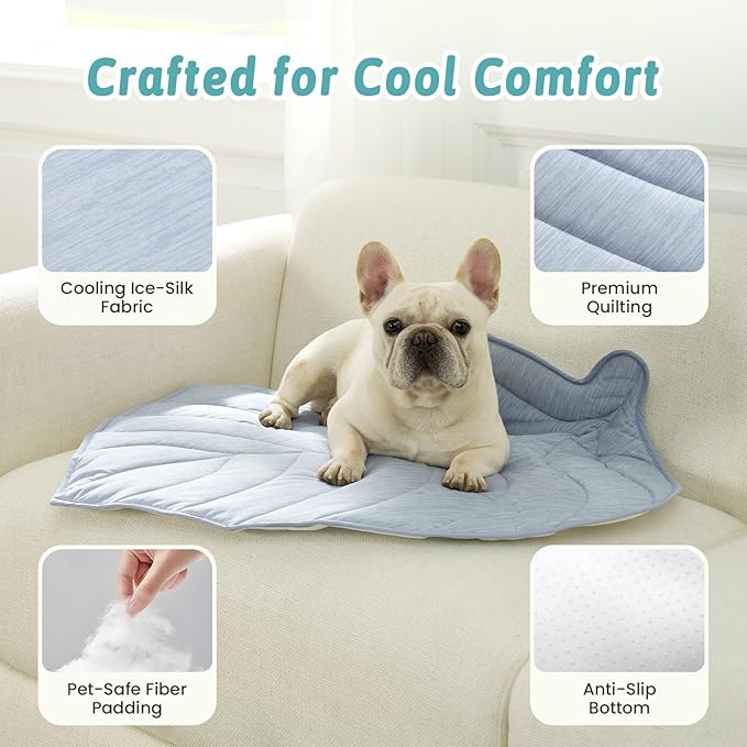 COZY KISS Dog Cooling Mat, Q-Max > 0.4 Leaf Shaped Pet Pad, Liquid Pee Proof Summer Mat for Cats, Washable Sleep Blanket for Bed Couch Floor Indoor, 39x34 inch, Blue