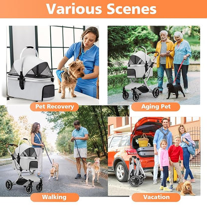3 in 1 Pet Stroller for Small/Medium Dogs & Cats with Detachable Carrier, Storage Basket and Pet Pad, 4 Wheels Foldable Pet Travel Carrier for Car Seat & Hand Carry, Safe Outings (Khaki)