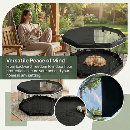 PJYuCien Dog Playpen with Top Cover and Bottom Pad - Metal Foldable Exercise Pen, 8 Panels 24" H x 24" W Indoor Outdoor Pet Fence Puppy Crate Kennel, Black