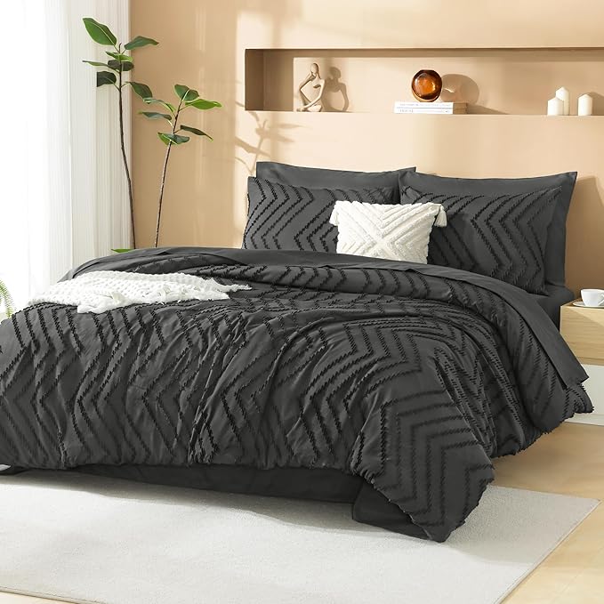 Litanika Dark Grey California King Size Comforter Set with Sheets - 7 Pieces Bed in a Bag California King Tufted Complete Bedding Sets with Comforter, Sheets, Pillowcases & Shams