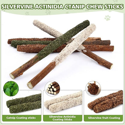 WOUSEDO Catnip Chew Toys for Cats, 24 Pack Cat Toys with Silvervine Sticks, Natural Silvervine Stick Cage Balls & Bell Balls for Indoor Cats
