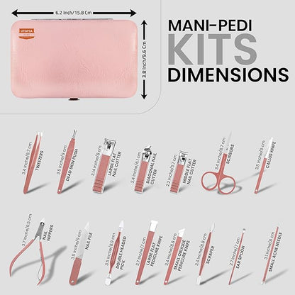 Utopia Care - Manicure Kit for Women and Men, Manicure Set with Nail Clippers or Nail Kit Includes Fingernail & Toenail Clippers,16Pcs Pedicure Kit Stocking Stuffers with Travel Case - Pink
