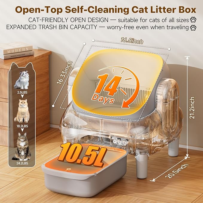Automatic Cat Litter Box,Self Cleaning Litter Box for Multiple Cats with Open Top Design,App Control, Safety Protection,Ultra-Quiet,Easy Setup,Light Gray