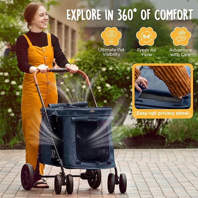 CANINE CANYON Scout Pet Stroller, Heavy Duty Dog Stroller for Small/Medium Dogs, Foldable Pet Stroller with All-Terrain Wheels, Breathable Mesh, Storage Pocket & Cup Holder, 55 lbs Capacity, Navy Blue