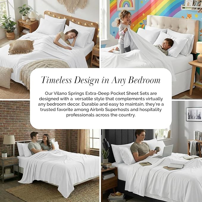 Southshore Fine Living, Inc. 7 Piece Split King Sheet Set for Adjustable Bed, 21 Inch Deep Pocket Sheets, 2 Fitted Bed Sheets Split King, 1 Flat Sheet, 4 Pillowcases, Pet Hair Resistant - White