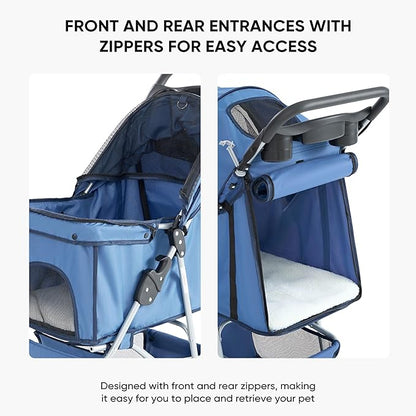 NEWBULIG 3 Wheel Pet Stroller for Dogs and Cats, Foldable, Lightweight and Durable, Ideal for Small to Medium Pets, Includes Storage Basket and Cup Holders
