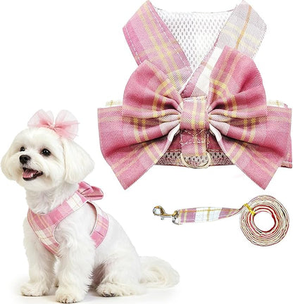 Cute Dog Harness and Leash Set with Bow Tie Soft Mesh Plaid Girl Puppy Harness No Pull Pet Cat Dog Vest Harness for Small Dogs Chihuahua Rabbit Outfit (Pink,L)